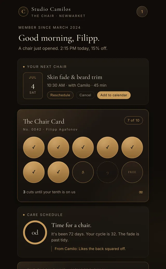 The Chair member screen: the next chair, the Chair Card, and the care schedule